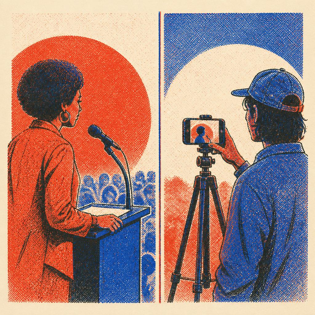 Risograph illustration: a candidate at a microphone and a creator filming with a phone